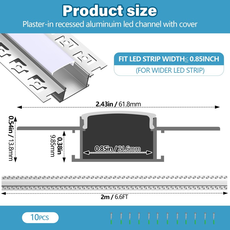 Glooglitter 10 Pack 6.6ft/ 2 Meter Plaster-in LED Channel Trimless