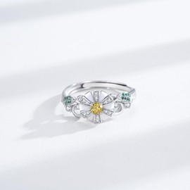 KINGWHYTE Daisy Ring 925 Sterling Silver Adjustable Flower Rings For Women Cubic Zirconia Costume Jewellery Cute Rings Daisy Gifts For Women Girls