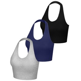 Bencailor 3 Pieces Women Halter Top Backless Scroop Neck Deep V Neck Crop Workout Tops for Women(Medium,Black, Dark Gray, Navy Blue)