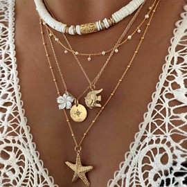 HUASAI Shell Necklace Beach Jewelry for Women Starfish Seahell Necklace Layered Boho Necklaces Ocean Jewelry Halloween Costumes Accessories Vacation Essentials Outfits for Women