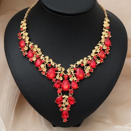 CSY Elegant Crystal Costume Jewelry Sets Flower Bridal Necklace Earrings Stretch Bangle Set for Bride Bridesmaid Wedding Dress Accessories (Red crystal-gold tone)