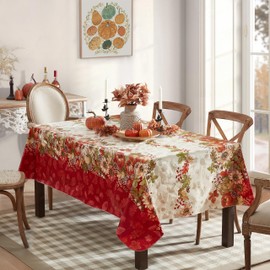Newbridge Bountiful Fall Harvest Vinyl Flannel Backed Autumn Tablecloth - Pumpkin, Sunflower and Leaf Border Thanksgiving Country Cottage Easy Care Tablecloth, 60” x 84” Oblong/Rectangle