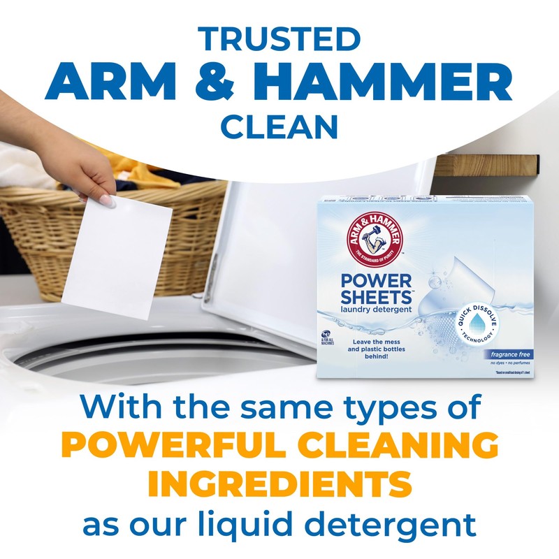 Arm & Hammer Power Sheets Laundry Detergent, Fragrance Free 50ct,