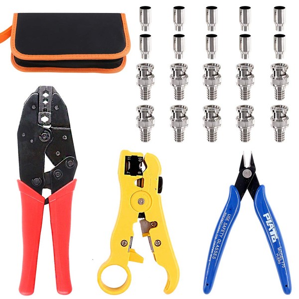 Glarks Coax Coaxial BNC Professional Crimping Tool with RG59 Coax Connector and Round/Flat UTP Cat5 Cat6 Wire Stripper and Wire Cable Cutter for RG55 RG58 RG59 RG62 5 6 21 140 141 142