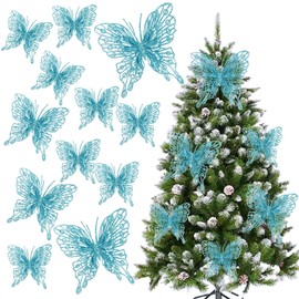 Mariposas artificiales con purpurina con clip, decoración de mariposas para decoración de árbol de Navidad, coronas, manualidades, paquete de 12 mariposas huecas de doble capa 3D de 5 pulgadas (azul