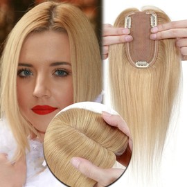 MY-LADY Human Hair Toppers for Women Real Remy Hair 150% Density 7 * 13CM Silk Base No Bangs Clip in Hair Pieces Straight Hairpiece for Thinning Hair 12 Inch #24 Natural Blonde
