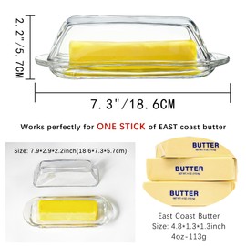 7 Inches Glass Butter Dish with Lid for Countertop - Crystal Glass Butter Keeper Elegant Clear Butter Holder Tray for 1 Stick East Coast,Dishwasher Safe