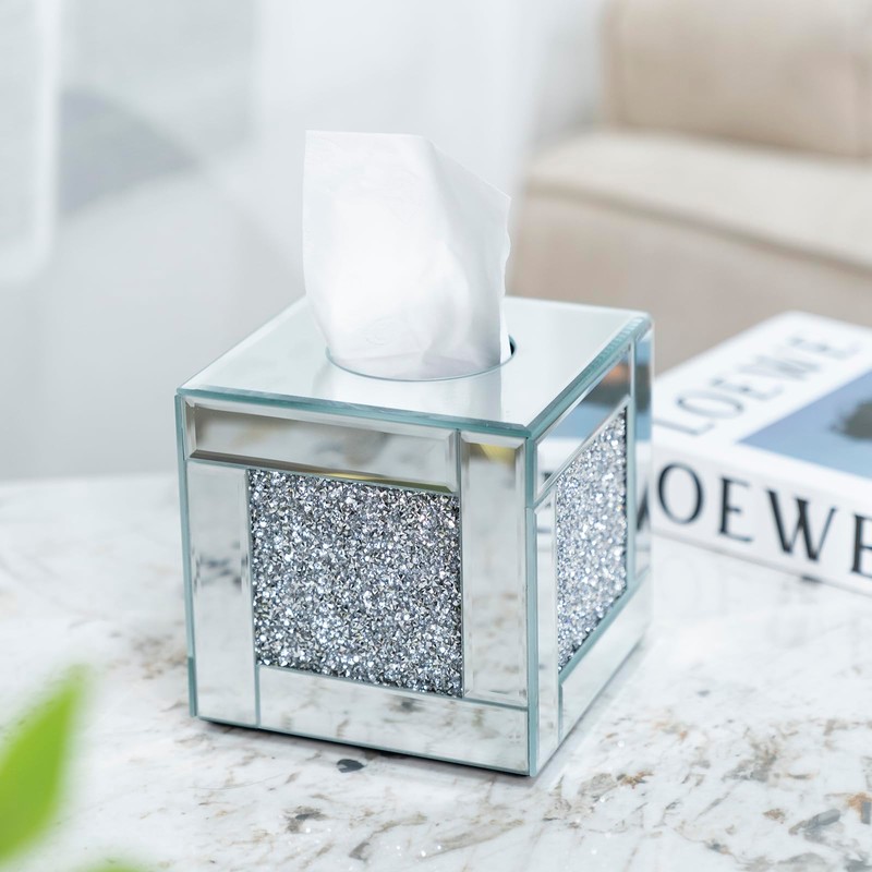Mirrored Tissue Box Cover Holder, Square Glass Facial Tissue Holder
