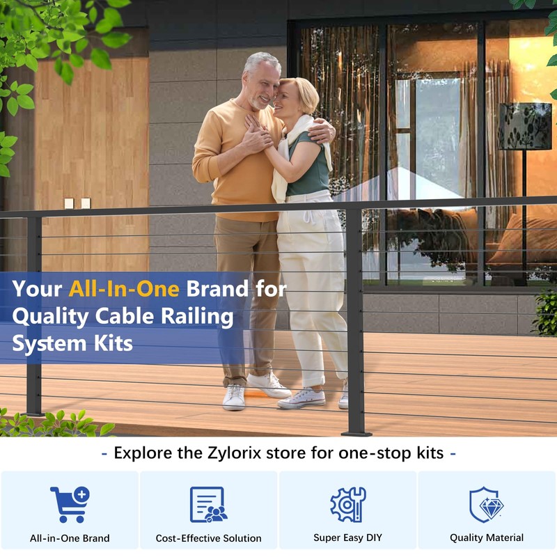 Zylorix 42" T304 Stainless Steel Cable Railing Post Black(Post 41"x2"x2"),