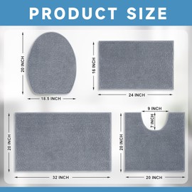 Timgle 4 Pieces Bathroom Rugs Set with Toilet Lid Cover Soft Chenille Bath Mat Set 2 Non Slip Absorbent Bath Rugs U Shaped Toilet Floor Rug for Bathroom Bedroom Kitchen, Machine Washable, Gray