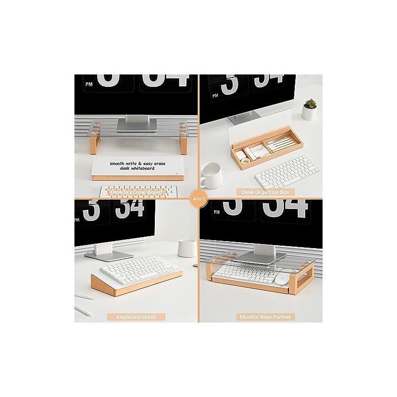Aesthetic Glass Desktop Whiteboard with Wooden Organizer