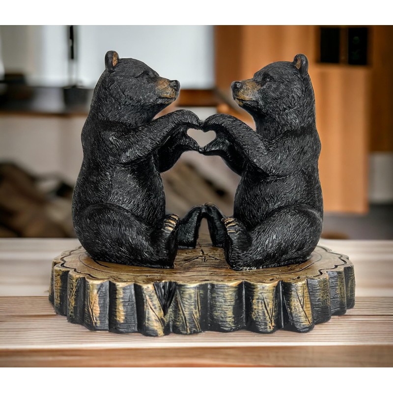 Two Black Bears Heart Hands Figurine – 6” Wide Whimsical