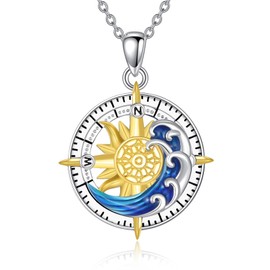 POPLYKE Compass Necklace for Women 925 Sterling Silver Sun and Wave Pendant Necklace Jewelry Gift for Women