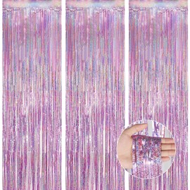 OFFCUP Tinsel Curtains Party Backdrop Curtain, 3pcs Foil Fringe Curtain, 1 * 2m Metallic Tinsel Curtains Foil Fringe Shimmer Streamers for Birthday Graduation Wedding Engagement Bridal Shower (Pink)