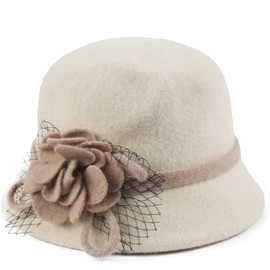 FORBUSITE Women Winter Hat - Vintage Wool Cloche Dress Bucket Hat 1950s 20s Cream