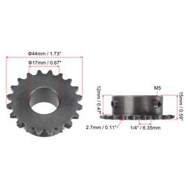 sourcing map Sprocket with 20 Teeth Type B Single Strand 1/4 Inch Pitch 17 mm Bore Black Oxide Carbon Steel Keyway with 2 Adjusting Screws