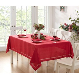 Newbridge Fabric Rectangle Tablecloth, 60 x 84 Inch, Christmas Provence Lattice Cutwork Solid Color Textured, Water and Stain Resistant Easy Care Fabric Table Cloth, Holiday Red