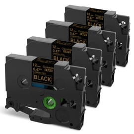 Oozmas Compatible with Brother P-Touch Label Tape Gold Tze-334 TZe334 Gold on Black Ptouch Tze TZ 12mm 0.47 Inch Standard Laminated Work for Brother PT-D210 PT-D200 PT-H100 Label Maker Tape, 4-Pack