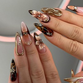 Press on Nails Short Almond,YIHONGYAN 3D Pearl Metal Charms Fake Nails Cool Press ons French Tip Glue Nails Full Cover False Nails Stick on Women Nails Reusable Flowers Design Acrylic Nail Kit 24 Pcs