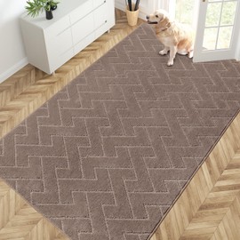 PURRUGS Easy Care Area Rug 4.5ft x 7ft, Non-Slip Machine Washable Entry Rug, Dog Door Mat, Pet Rug, Stain Resistant Accent Rug for Hallway, Bedroom, Living Room and Mudroom, Grayish Brown