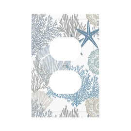 Nautical Blue/Teal Aqua Ocean Beach 1 Gang Receptacle Outlet Plate Cover Summer Seashell Starfish Coastal Coral Theme Decorative Single Duplex Wall Plate Electrical Light Switch Cover Art Room Decor