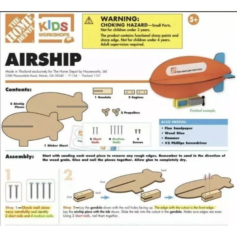 Home Depot Kid's Workshop Kit Airship includes Pin & Certificate