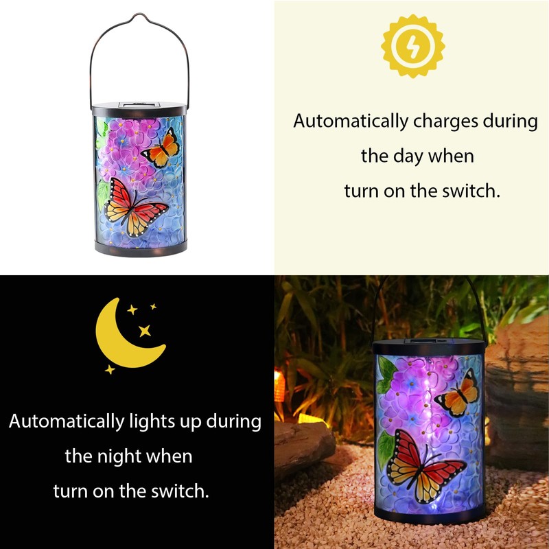 Afirst Solar Lantern Outdoor Hanging Glass Butterfly Solar Lights Waterproof