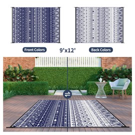 MCOW Outdoor Rugs 9'x12' for Patios Clearance, RV Camping Mat Waterproof, Reversible Plastic Straw Rug for Outside, Deck, Camper, Porch, Balcony, Backyard, Picnic, Blue&White…