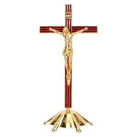 Standing Crucifix Red Gold Color Retro Elegant Alloy Stable Stand Catholic Cross Statue for Home Cafe Office Decoration