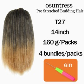 Osuntress Braiding Hair Pre Stretched 14 Inch 4 Bundle, Short Hair Extensions for Braids, Synthetic Braiding Hair Prestretched,T27(Ombre Honey Blonde)