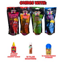 Chamoy Pickle Jumbo Dill Pickles In A Pouch Sampler Gift Box (Pack of 4) W/Chamoy, Super Hot & Spicy Chili Lime, Blue Raspberry, Tigers Blood-Box for College Care Packages Tiktok Trend Items snack