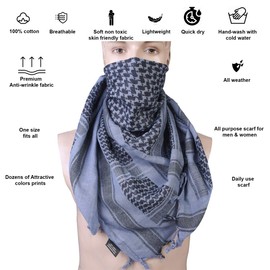 Shemagh Scarf Men & Women - 100% Cotton Military Tactical Desert Keffiyeh for Head & Neck Wrap, All-Purpose Arab Face Mask Dust Cover Keffiyeh Scarf, Light Weight | (Gray, 42”x42”)