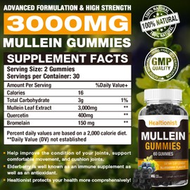 Healtionist 1 Pack Sugar Free Mullein Gummies - Lung Cleanse, 3000MG Mullein Supplement for Respiratory, Organic Mullein Drops Gummy with Quercetin & Bromelain for Lung, Digestive Health & Immune 90Ct