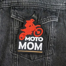 Motorcycle with Text Moto Mom Embroidered Patch Iron On. Size: 2.8 x 3.5 inches.