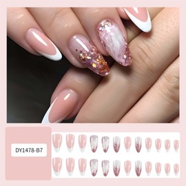 Almond Press on Nails Medium Fake Nails Glitter with Marbling Design French Tip False Nails Acrylic Artificial Nails Glossy Glue on Nails Full Cover Stick on Nails for Women Manicure Decoration 24Pcs