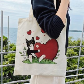 Dlzdn Cat Heart Canvas Tote Bag For Women Aesthetic Funny Cat Valentines Day Tote Bag Shopping Grocery Bag Beach Bag Gifts for Women Teacher Bag Reusable Grocery Bag