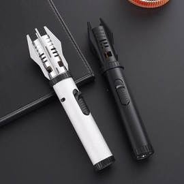 2pcs Creative Design Lighter, Butane Gas Direct Flame, Metal Material, 360 °   Use, Outdoor Windproof Turbo Torch Jet Light Ignition Gun, Camping BBQ Welding Supplies, Red Flame (Butane Gas Not Included), No Batteries - Color: Black + Silver