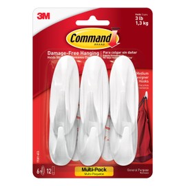 Command Medium Designer Hooks, 6 Hooks and 12 Command Strips, Damage-Free Hanging Wall Hooks with Adhesive Strips, Adhesive Hooks for Hanging Christmas Decorations, Holds up to 3 lb