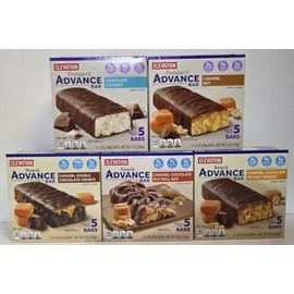 Elevation Endulgent & Snack Advance Bar 5 Flavors Chocolate Coconut, Caramel Nut, Cameral Double Chocolate Crunch, Caramel Chocolate Peanut Nougat, Caramel Chocolate Nut Roll (Five Boxes)