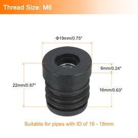 QUARKZMAN Pack of 6 black inserts for round pipes with M6 thread, for 19 mm / 0.75 inch pipe outer diameter, threaded bushings plastic, for roller insert, chair end caps, furniture leg plugs