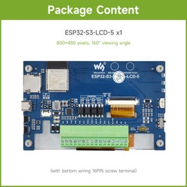 Waveshare ESP32-S3 5inch Display Development Board, 800×480, 32-Bit LX7 Dual-Core Processor, Up to 240MHz Frequency, Supports WiFi & Bluetooth, with Onboard Antenna, No Touch