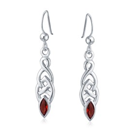 Celtic Irish Love Knot Work Red Garnet Marquise Bezel Set Fish Hook Dangle Earrings 925 Sterling Silver