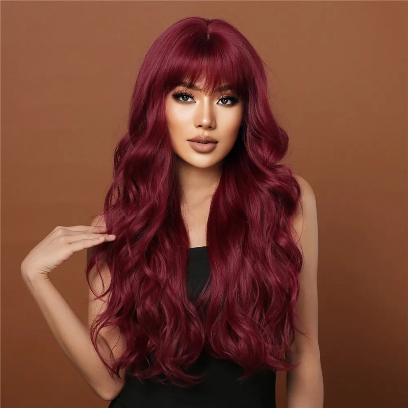 Peluca Rojo Para Mujer Larga Ondulada Flequillos Natural
