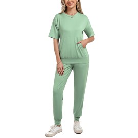 Irevial Women's Tracksuit Short Sleeve/Long Sleeve Cotton Two-Piece Tracksuit Set Crew Neck Jogging Suit Plain Sports Suit Leisure Suit 2-Piece Leisure Suit, A-light green