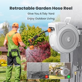 Giraffe Tools Retractable Hose Reel 1/2" x 65 ft Heavy Duty Water Hose Reel, Swivel Bracket, Any Length Lock, with 9-Function Sprayer Nozzle