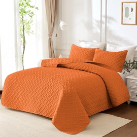 JYHOPE Ultrasonic Reversible Full Queen Size Quilt Set with 1 Quilt and 2 Pillow Shams, Soft and Lightweight Microfiber Coverlet for All Seasons, Water and Stain Resistant Bedspread(Orange,86x90)