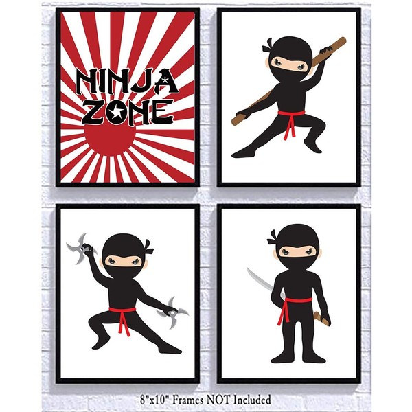 Ninja Zone Star Red White Black Wall Art Decor (Set of Four) Room Decoration