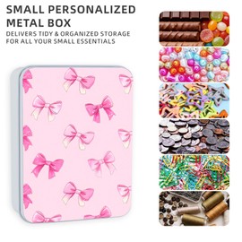 DISUOFEART Metal Tin Box with Lid, Cute Pink Bow Sturdy Decorative Metal Storage Container, Durable Printed Tin Case for Gifts, Crafts, Small Items, Home & Office Organization
