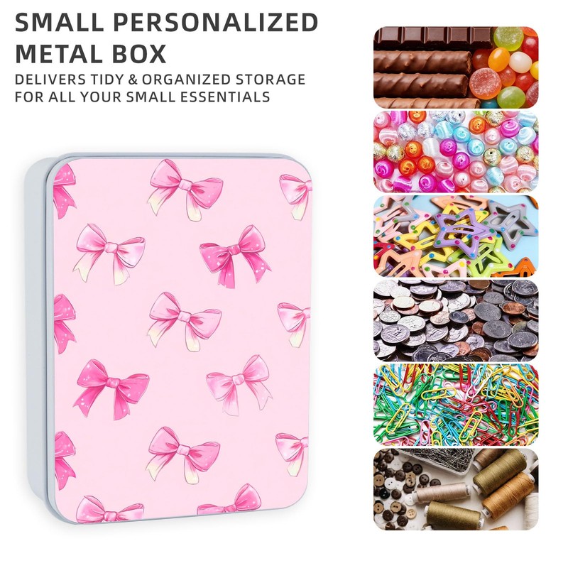 DISUOFEART Metal Tin Box with Lid, Cute Pink Bow Sturdy