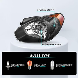 TUSDAR Headlight Assembly Replacement for 2007-2011 Hyundai Accent Driver and Passenger Side (Black Housing with Amber Reflector) w/Bulbs